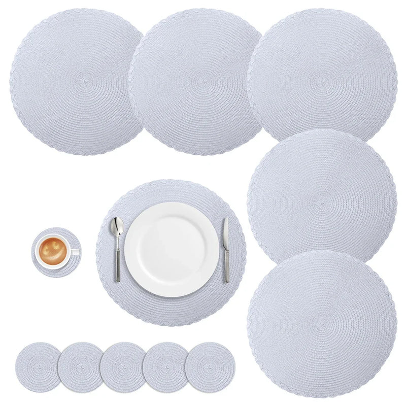 Jogo com 6 Jogos Americanos Redondos e Porta-Copos – Trançados, Laváveis, Resistente ao Calor – Jogos de Mesa e Porta-Copos para Mesa de Jantar