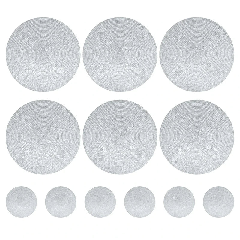 Jogo com 6 Jogos Americanos Redondos e Porta-Copos – Trançados, Laváveis, Resistente ao Calor – Jogos de Mesa e Porta-Copos para Mesa de Jantar