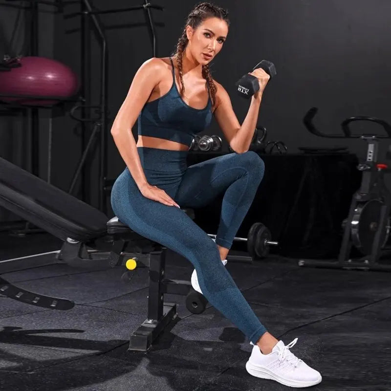 Conjunto Feminino 2 Peças – Roupas de Yoga Sem Costura, Traje Esportivo para Treino, Academia e Fitness, Legging de Cintura Alta