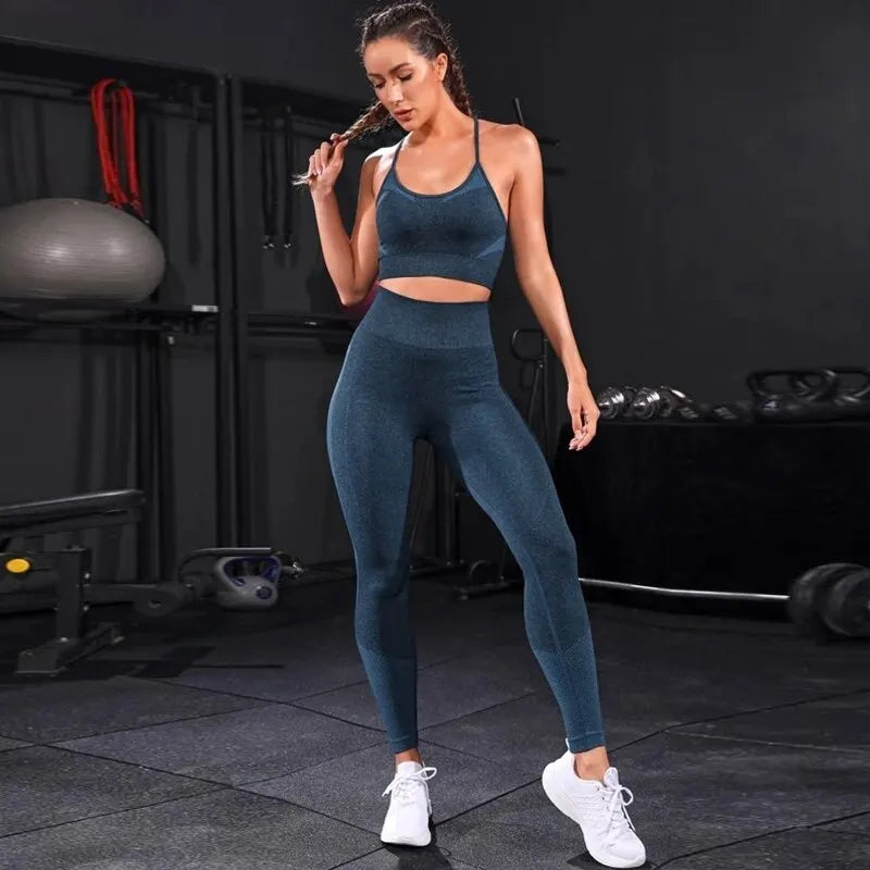 Conjunto Feminino 2 Peças – Roupas de Yoga Sem Costura, Traje Esportivo para Treino, Academia e Fitness, Legging de Cintura Alta